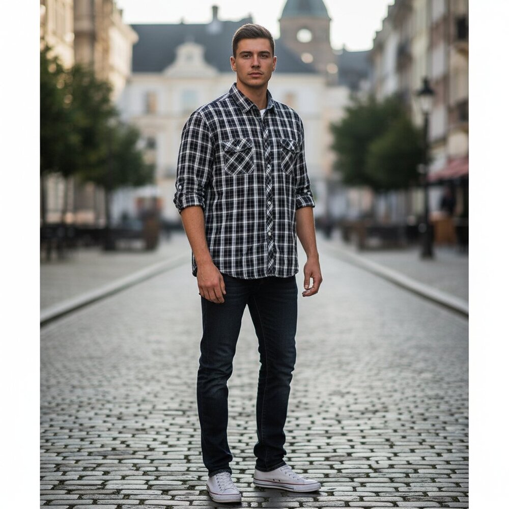 MICHAEL BRANDON Men's Plaid Roll-Tab Sleeve Button‎ Down Shirt | Size XL